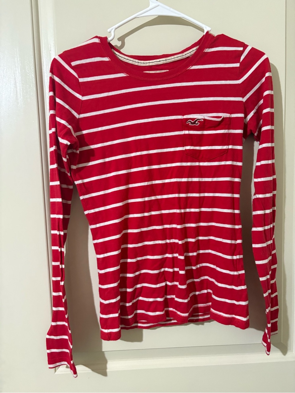 Hollister Red and White Striped Long-Sleeve Pocket Tee